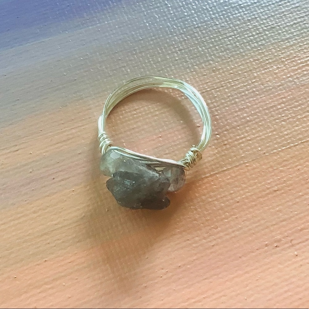 🧡NEW Ring Raw Smokey Quartz Labradorite Wire Wrapped Silver Tone Dainty Size6.5